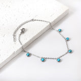 6 round white half pearls & blue turquoise anklet 20+5cm steel color gold color