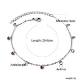 9 white & purple & pink & mixed diamonds anklet 20+5cm steel color gold color