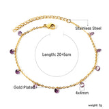 9 white & purple & pink & mixed diamonds anklet 20+5cm steel color gold color