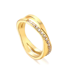 Steel/gold cross over ring with small round diamonds