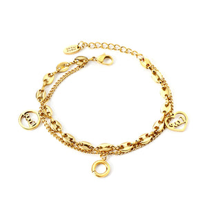 2 redondos huecos LOVE + accesorios círculo + pulsera doble cadena 18+4cm oro