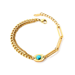 Accessoires pierre ronde bleu turquoise + bracelet demi double double 18+4cm doré