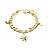 Cinturón Estrella de la Suerte Piedra Azul Turquesa + Estrella de la Suerte + Diamante Blanco Cilíndrico Accesorios Pulsera Doble 18+4cm Oro