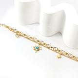 Cinturón Estrella de la Suerte Piedra Azul Turquesa + Estrella de la Suerte + Diamante Blanco Cilíndrico Accesorios Pulsera Doble 18+4cm Oro