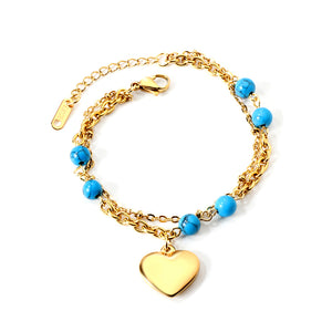 Blue Turquoise Beads + Heart Fittings Double Hand Chain 17+5cm Gold Color