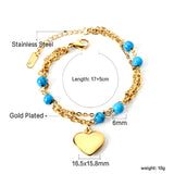 Blue Turquoise Beads + Heart Fittings Double Hand Chain 17+5cm Gold Color