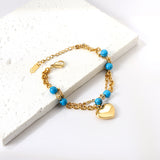 Blue Turquoise Beads + Heart Fittings Double Hand Chain 17+5cm Gold Color