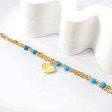 Blue Turquoise Beads + Heart Fittings Double Hand Chain 17+5cm Gold Color