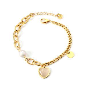 White Pearl + Heart Shape with White Zirconia + Round Accessories Bracelet 18+4cm Gold