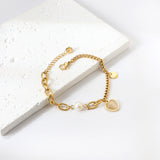 White Pearl + Heart Shape with White Zirconia + Round Accessories Bracelet 18+4cm Gold