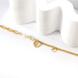 White Pearl + Heart Shape with White Zirconia + Round Accessories Bracelet 18+4cm Gold