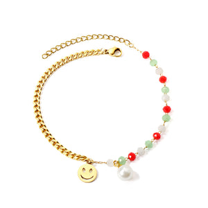 15 mixed color zirconia + semi-matching chain with round smiley face + white pearl anklet 21+5cm gold