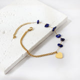 6 Blue Alien Zirconia + Half Matching Chain with Heart Anklet 21+5cm Gold Color