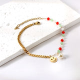 15 mixed color zirconia + semi-matching chain with round smiley face + white pearl anklet 21+5cm gold