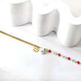 15 mixed color zirconia + semi-matching chain with round smiley face + white pearl anklet 21+5cm gold