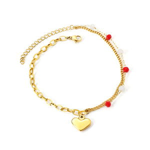 6 mixed color zirconias + semi-matching chain with heart anklet 21+5cm gold color