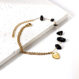 6 black shaped zirconias + semi-double chain with heart anklet 21+5cm gold color