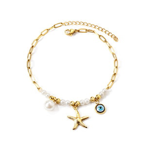 8 white pearls + 6 steel beads with white pearls + starfish + blue eyes anklet 21+5cm gold color