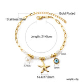 8 white pearls + 6 steel beads with white pearls + starfish + blue eyes anklet 21+5cm gold color