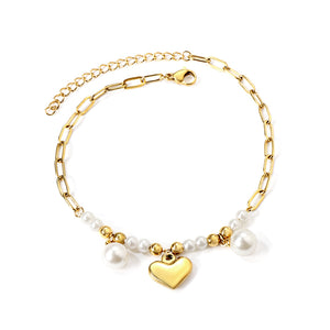 8 white pearls + 6 steel beads with 2 white pearls + heart anklet 21+5cm gold color