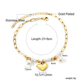 8 white pearls + 6 steel beads with 2 white pearls + heart anklet 21+5cm gold color