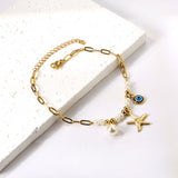 8 white pearls + 6 steel beads with white pearls + starfish + blue eyes anklet 21+5cm gold color