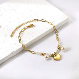 8 white pearls + 6 steel beads with 2 white pearls + heart anklet 21+5cm gold color