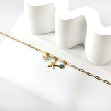 8 white pearls + 6 steel beads with white pearls + starfish + blue eyes anklet 21+5cm gold color