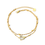 11 Cylinders + 6 Steel Beads with Hollowed Out White Diamonds Heart with Crown Double Chain Anklet 22+5cm GOLD