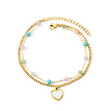 12 mixed color beads + matching chain with white oil drops heart double chain anklet 21+5cm gold color