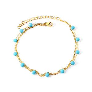 12 blue beads + matching chain double chain anklet 21+5cm gold color