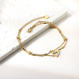 11 Cylinders + 6 Steel Beads with Hollowed Out White Diamonds Heart with Crown Double Chain Anklet 22+5cm GOLD