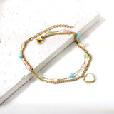 12 mixed color beads + matching chain with white oil drops heart double chain anklet 21+5cm gold color