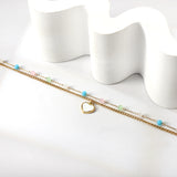 12 mixed color beads + matching chain with white oil drops heart double chain anklet 21+5cm gold color