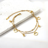 4 beads + matching chain with 3 open heart double chain anklet 22+5cm gold color