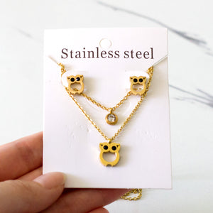 Steel/Gold Double Chain Pendant Jewelry Set with Diamonds in the shape of Owl + Diamonds on one chain