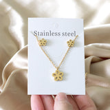 ASON Frosted Flower Chain Pendant Necklace Piercing Earrings Gold Color Stainless Steel for Women Jewelry Sets Fashion