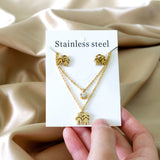 Gold/Steel Two Color Double Chain Pendant Jewelry Set with Diamonds