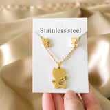 Steel/Gold Faceted Cat Standing Shape Jewelry Set without Diamonds