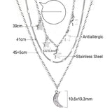 5 stars + 1 moon with diamonds accessories pendant triple chain 48+41+39+5cm steel color