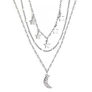 5 stars + 1 moon with diamonds accessories pendant triple chain 48+41+39+5cm steel color