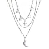 5 stars + 1 moon with diamonds accessories pendant triple chain 48+41+39+5cm steel color