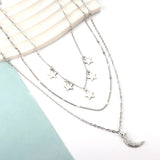 5 stars + 1 moon with diamonds accessories pendant triple chain 48+41+39+5cm steel color