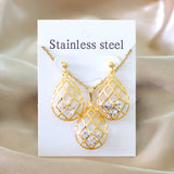 Gold/steel emery mesh hollowed out teardrop interior + diamond jewelry set