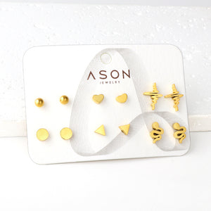 Six pairs of mixed card mounted cut-out current / triangle glossy stud earrings gold color