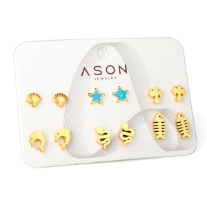 Six pairs Mixed Cut Shell / Fishbone / Starfish stud earrings gold color