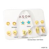 Six pairs Mixed Cut Shell / Fishbone / Starfish stud earrings gold color