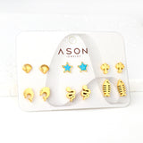 Six pairs Mixed Cut Shell / Fishbone / Starfish stud earrings gold color