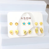 Six pairs Mixed Cut Shell / Fishbone / Starfish stud earrings gold color