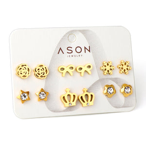 Six Pairs Mixed Snap Cut Crown / Snowflake Stud Earrings Goldtone